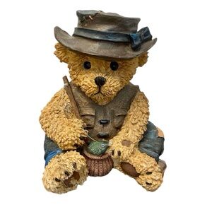 Vintage 11” Young’s Resin Fishing Bear Collectable Figurine with fish in basket